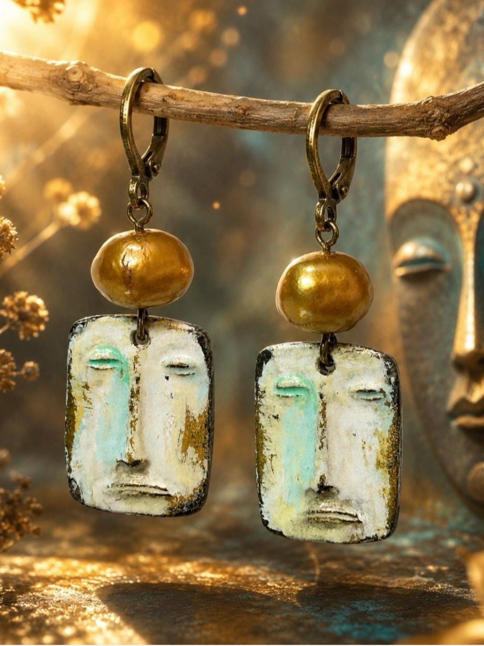 Artisan Face Earrings Freshwater Pearl Bronze Dangles Handmade Statement Jewelry - Picture 8 of 10